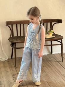 LMoss Kids LMoss 2pcs Set Young Girl Woven Embroidered Round Neck Top And Loose Casual Pants Sisters Outfit, Suitable For Spring And Summer - Multicolor - View 7