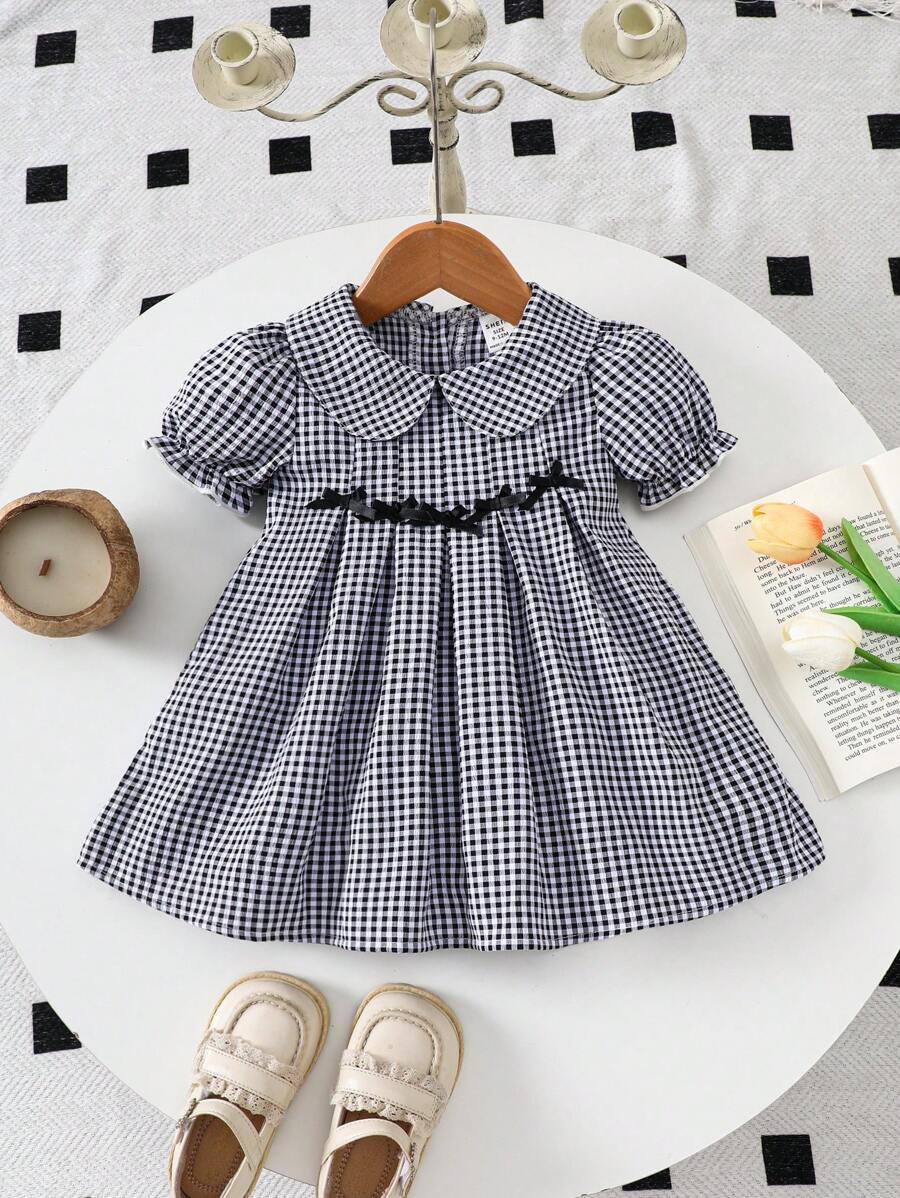 SHEIN 女婴时尚休闲蝴蝶结格子连衣裙,适合专属夏季外出 - 彩色 - 查看 1
