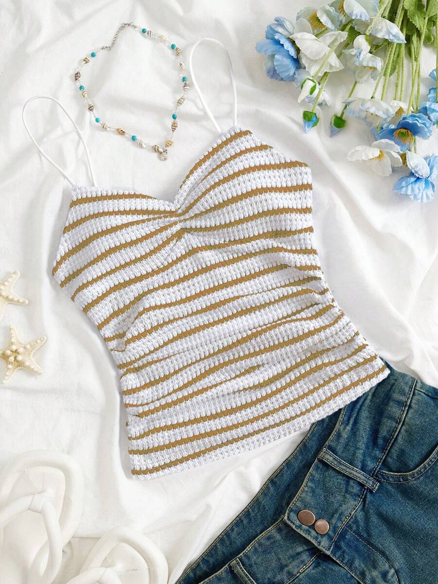 SHEIN Unity 女士春夏休闲度假日常百搭褶皱条纹吊带背心