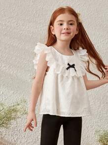 SHEIN Young Girls French Elegant Ruffle Detail White Round Neck Blouse, Spring/Summer - White - View 6