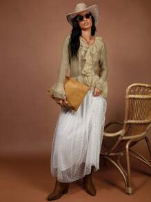 COSMINA 女士优雅荷叶边长袖衬衫，春夏 - 卡其色 - 查看 3