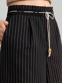 Ontre Women's Black Pinstripe Woven Fabric Casual Long Pants With Pockets And Drawstring Waist - Black - View 6