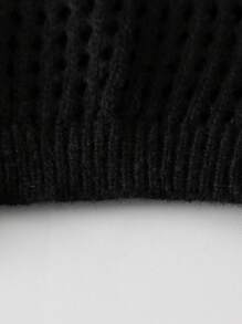 SHEIN Tween Girl Hollow-Out Long Sleeve Sweater And Solid Color Camisole Knit Tops Set, Spring/Summer - Black - View 5