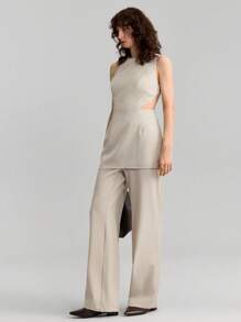 Ontre Set da 2 pezzi casual da donna stile urban, in colore cachi, smanicato con collo tondo, pantaloni, adatto per la Primavera/Estate, nuovo stile per festival musicali e lauree del 2025