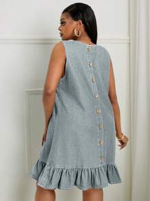 SHEIN SXY Plus Size Women Sleeveless Denim Dress With Button Design And Ruffle Hem, Casual - Light Wash - View 5