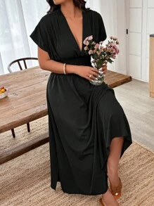 Breezaya Plus Size V-Neck Solid Color Short Sleeve Casual Dress, Suitable For Summer BASICS - Black - View 3