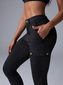 Menodora SHEIN Sport Celana Legging Rajut Musim Panas Warna Polos Kasual Anti-UV Movishi untuk Wanita - Hitam - View 5