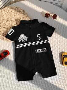 SHEIN Baby Infant Soft Knitted Letter Pattern Short Sleeve Romper With Shorts - Black - View 6