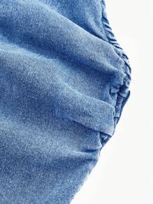 SHEIN MOD 女款單排扣百褶無袖修身牛仔上衣 - 中等水洗藍 - 查看 3