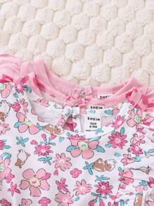 SHEIN 3pcs/Set Baby Girl Cute Floral & Leopard Print Ruffle Hem Casual Outfit - Baby Pink - View 7