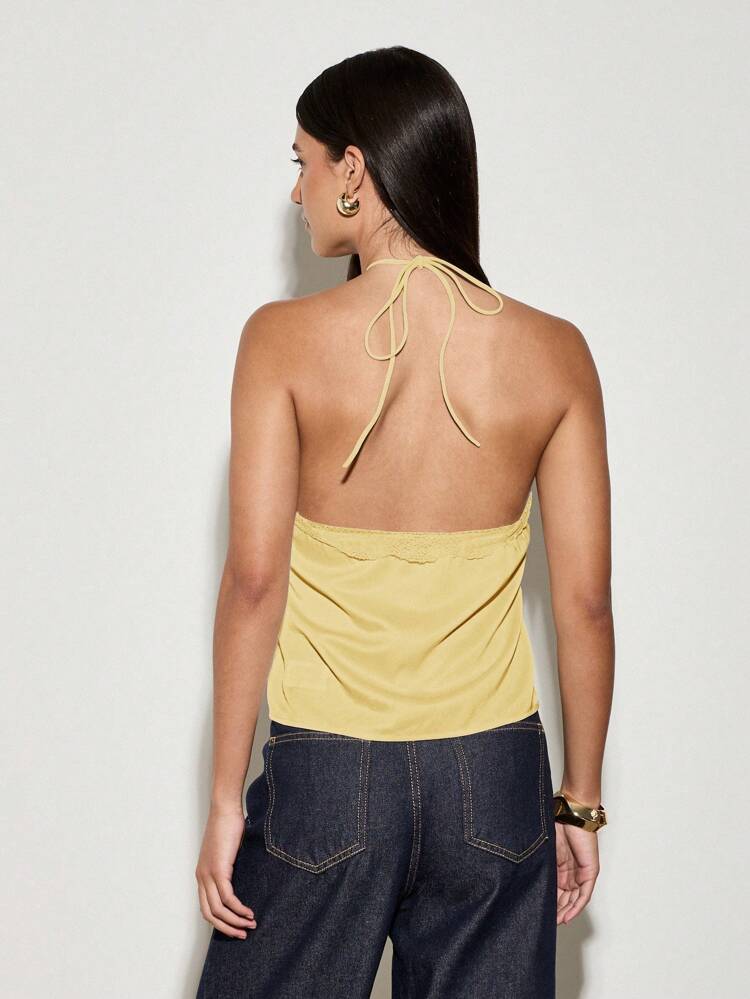 Elegant Satin Cami Top Lace Trim Adjustable Straps