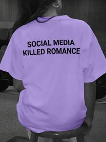 女士口号印花休闲宽松圆领短袖 T 恤