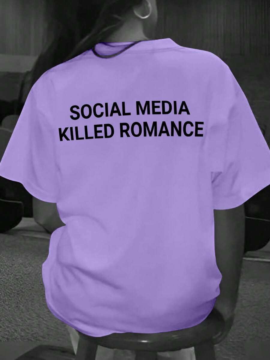 女士口号印花休闲宽松圆领短袖 T 恤