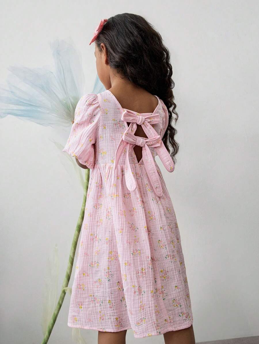 Maija Kids Maija Kids Young Girl Ditsy Floral Loose Casual Puff Sleeve Square Neck Dress - Pink - View 1