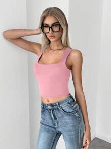 SHEIN Essnce Débardeur court ajusté de couleur unie avec encolure carrée pour femmes