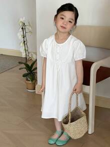 DAZY Kleine Mädchen Kleid mit rundem Ausschnitt, gewebtem Stoff und Kurzarm, Sommer - Weiss - Übersicht 5