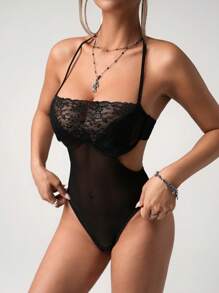 SHEIN ICON Mesh Sheer Lace Patchwork Asymmetric Wire-Rimmed High Slit Backless Halter Sexy Bodysuit - Black - View 6