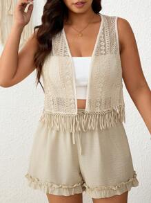 SHEIN Frenchy Plus Size Sleeveless Plain Minimalist Jacket, Suitable For Summer Fall/Winter - Apricot - View 5