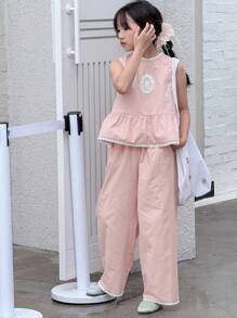 Dazy Kids 2 Stücke Set für Tween Mädchen mit gewebter Spitze Patchwork Bluse mit rundem Ausschnitt und langer Hose, Sommer