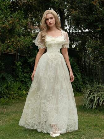 SHEIN MOD Aprikosenfarbenes, verträumtes, romantisches, elegantes Satinkleid mit Patchwork-Spitze, gerüschtem Saum und Schleifenakzenten, geeignet für Verabredungen, Partys, Feiertage, Teepartys, Geburtstagsanlässe, Osterkleid für Damen, Ballkleid, Sommerkleidung, Urlaubsoutfits für Damen, Kleid für Hochzeitsgäste für Damen, formelle Kleider für Damen, Abschlusskleid, Geburtstagskleider für Damen
