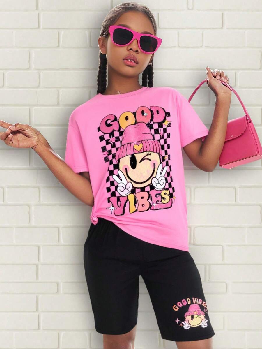 SHEIN 2pcs/Set Girls Casual Streetwear Sunshine Smiling Face Cute Pattern Loose Comfy T-Shirt & Bike Shorts Set - Multicolor - View 1