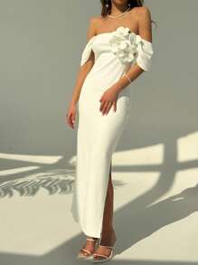 Aloruh White Off Shoulder Bodycon Dress With 3D Flower Detail For Women, Suitable For Evening Date - White - View 6