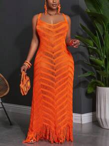 Slaydiva 大码夏季无袖镂空透明超长度假修身连衣裙 - 亮橙色 - 查看 1