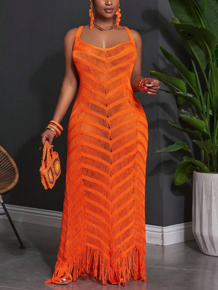 Slaydiva 大码夏季无袖镂空透明超长度假修身连衣裙 - 亮橙色 - 查看 1