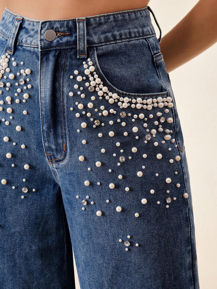 Anewsta 女士休闲节日假期优雅缀饰宽松阔腿牛仔裤