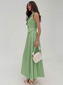 Aloruh Elegante conjunto de 2 piezas de top de apertura delantera con botones y falda plisada, estilo universitario de uso múltiple para oficina/viajes - Verde - Ver 4