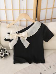 SHEIN Maglietta aderente a maniche corte con decorazione a fiocco sulla spalla, stile elegante signorile per ragazze adolescenti