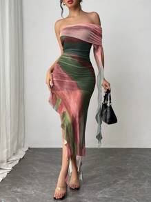 SHEIN Unity Ombre Print One Shoulder Ruched Ruffle Trim Dress Maxi Women Outfit - Mint Green - View 4