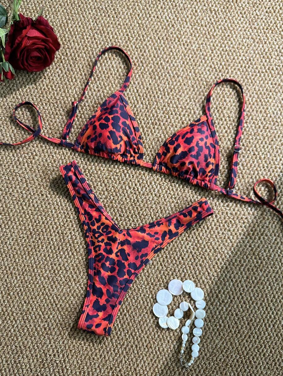 Swim Vcay 女士夏季豹纹细肩带上衣和高胸比基尼套装，性感沙滩装