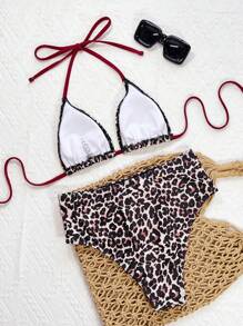 Swim SXY New Multicolor Leopard Print Drawstring Tied Triangle Sexy Beach Bikini Set, Women Swimsuit For Summer Beach Vacation - Multicolor - View 3