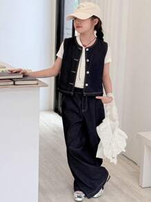 Dazy Kids Set da 2 pezzi per ragazze pre-adolescenti composto da gilet monopetto e jeans con tasche