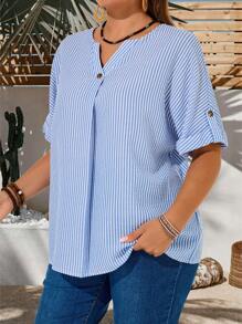 EMERY ROSE Plus Size Women Casual Striped Batwing Sleeve Shirt,Summer For Women,Rave,Easter Curve,Country Concert - Blue and White - View 3