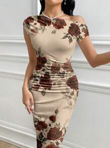 Modelyn Women's Elegant Rose Print Maxi Dress With Asymmetrical Neck And Short Sleeves - Multicolor - View 4