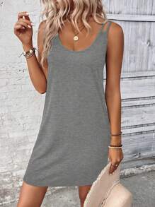 SHEIN LUNE 女士纯色无袖休闲度假连衣裙 - 淺灰色 - 查看 3