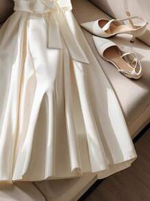 Franclia 休闲优雅前开中开珍珠纽扣收腰荷叶边下摆连衣裙，A 字型，杏色，夏季新款 - 杏色 - 查看 3