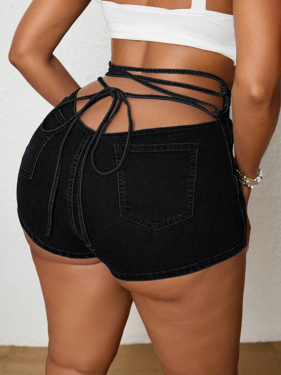 SHEIN SXY 大码女式波西米亚风弹力性感系带牛仔短裤 - 黑色 - 查看 1