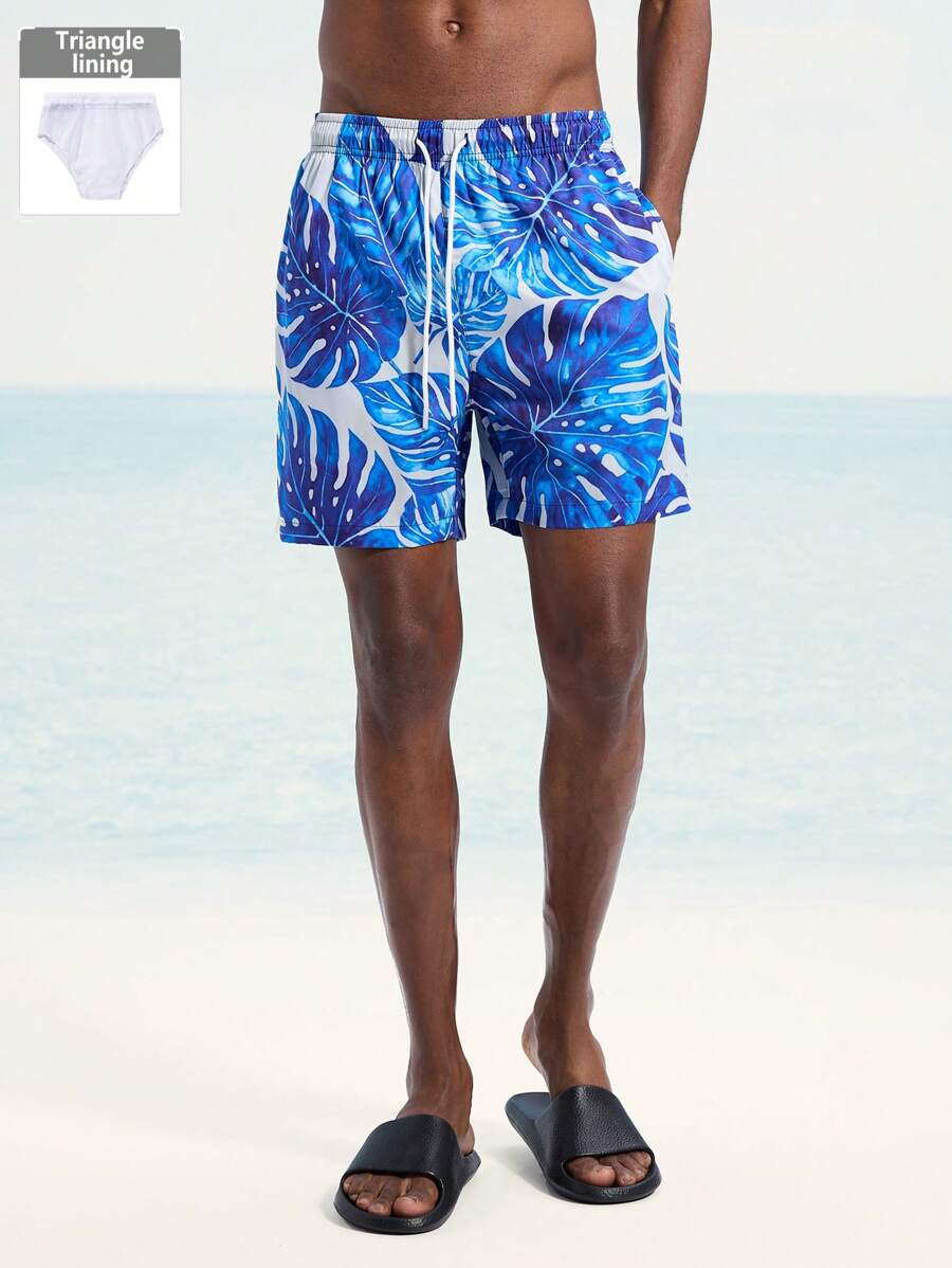 Surfspeed Men's Tropical Plant Print Drawstring Waist Beach Shorts - Blue - View 1