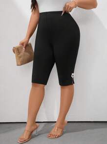 EMERY ROSE Plus Size Casual Versatile 3D Floral Decor Leggings - Black - View 5