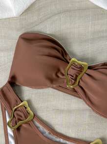 SHEIN Swim Women's Summer Beach Ruffle Bandeau Sexy Bikini Swimwear Set - Brown - View 3