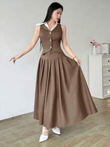 Modelyn 2 件女士优雅通勤拼色领背心和百褶裙套装