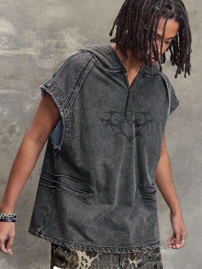 Street Life Men's Grunge Sleeveless Solid Color Denim Top, Simple Fashion Suitable For Summer