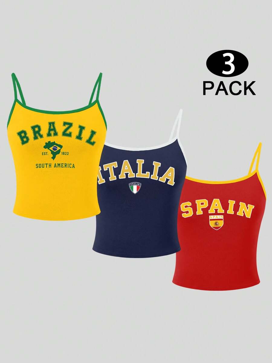 INAWLY 3 Pcs Y2K Letter Brazil Italy Spain Flag Graphic Colorblock Summer Cami Top With Contrast Trim - Multicolor - View 1