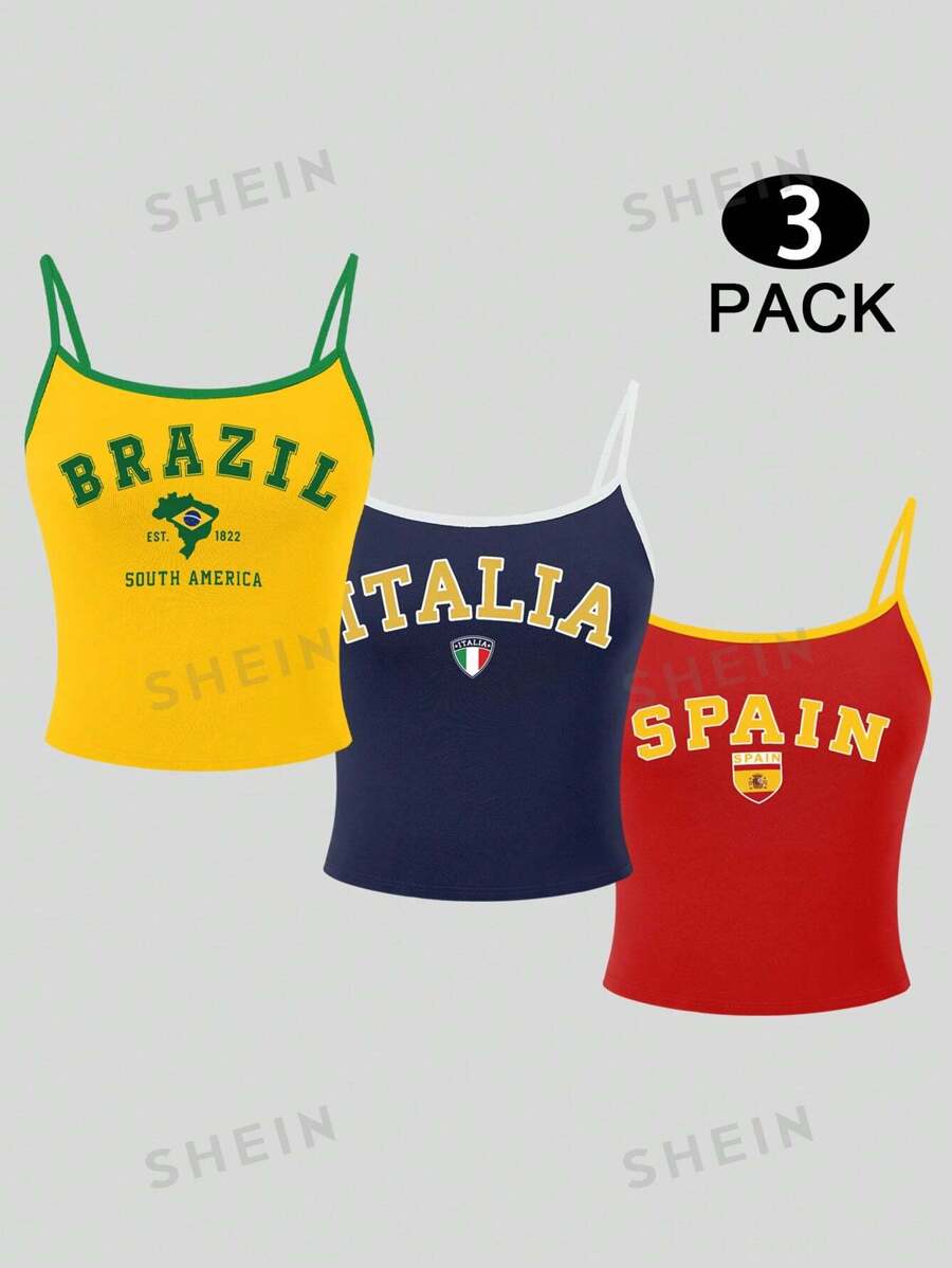 INAWLY 3 Piezas Top tipo camiseta de tirantes de verano con gráfico de bandera de Brasil, Italia y España, en bloques de color con adorno de contraste, estilo Y2K