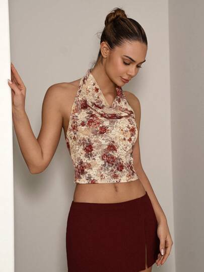 SHEIN Clasi 红玫瑰复古蕾丝印花吊带背心女夏季女式夏季上衣女式性感女式夏季上衣乡村音乐会