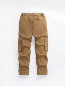 Boys' Casual Multi-Pocket Elastic Waist Cargo Washed Denim Pants - Khaki - View 2