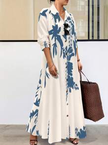 Calvaya 大码女式休闲花卉印花宽松衬衫裙，春秋季长款女装 - 彩色 - 查看 1